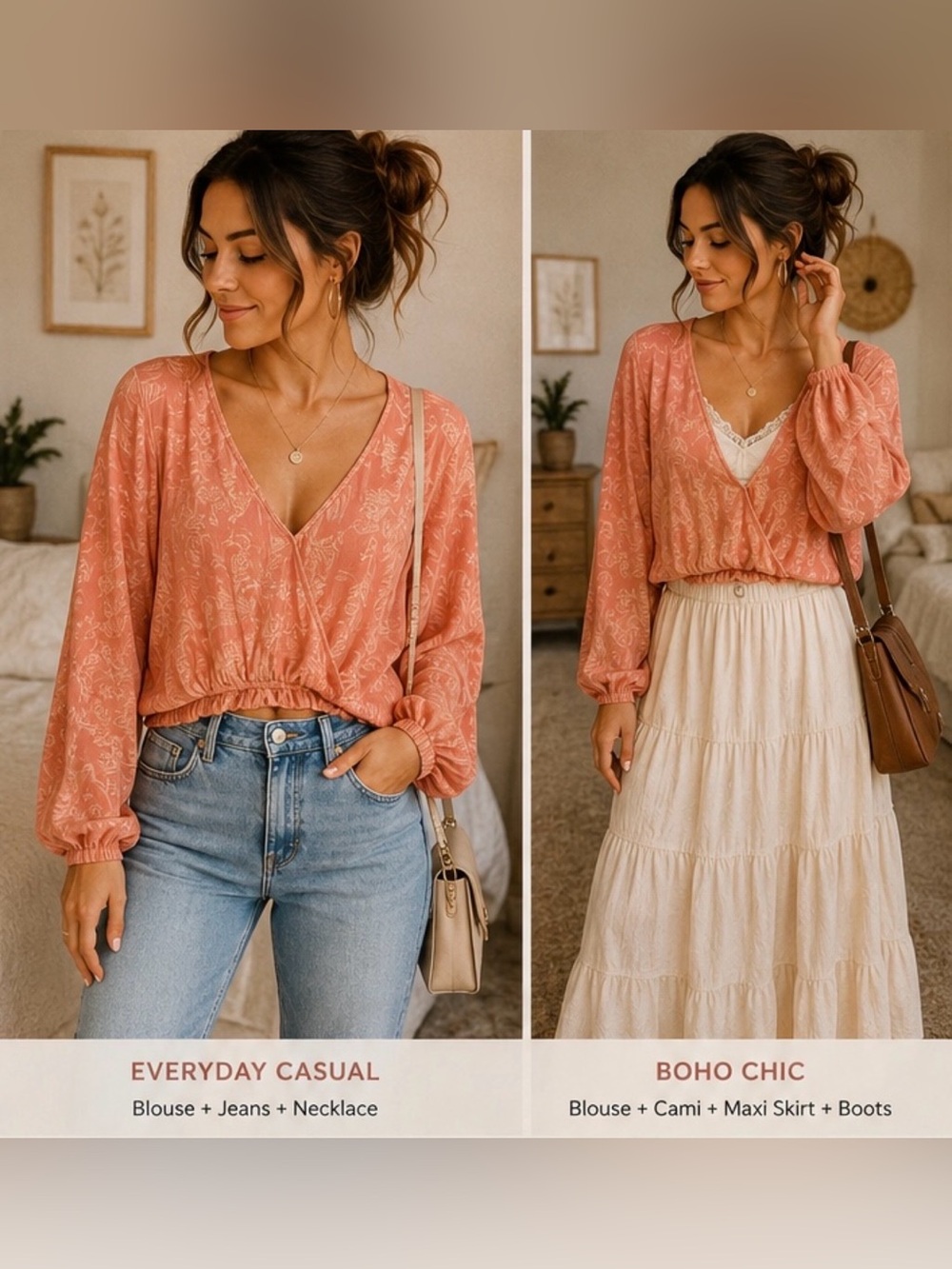 Floral Boho Wrap Blouse - Coral / Peach - Picture 2 of 7